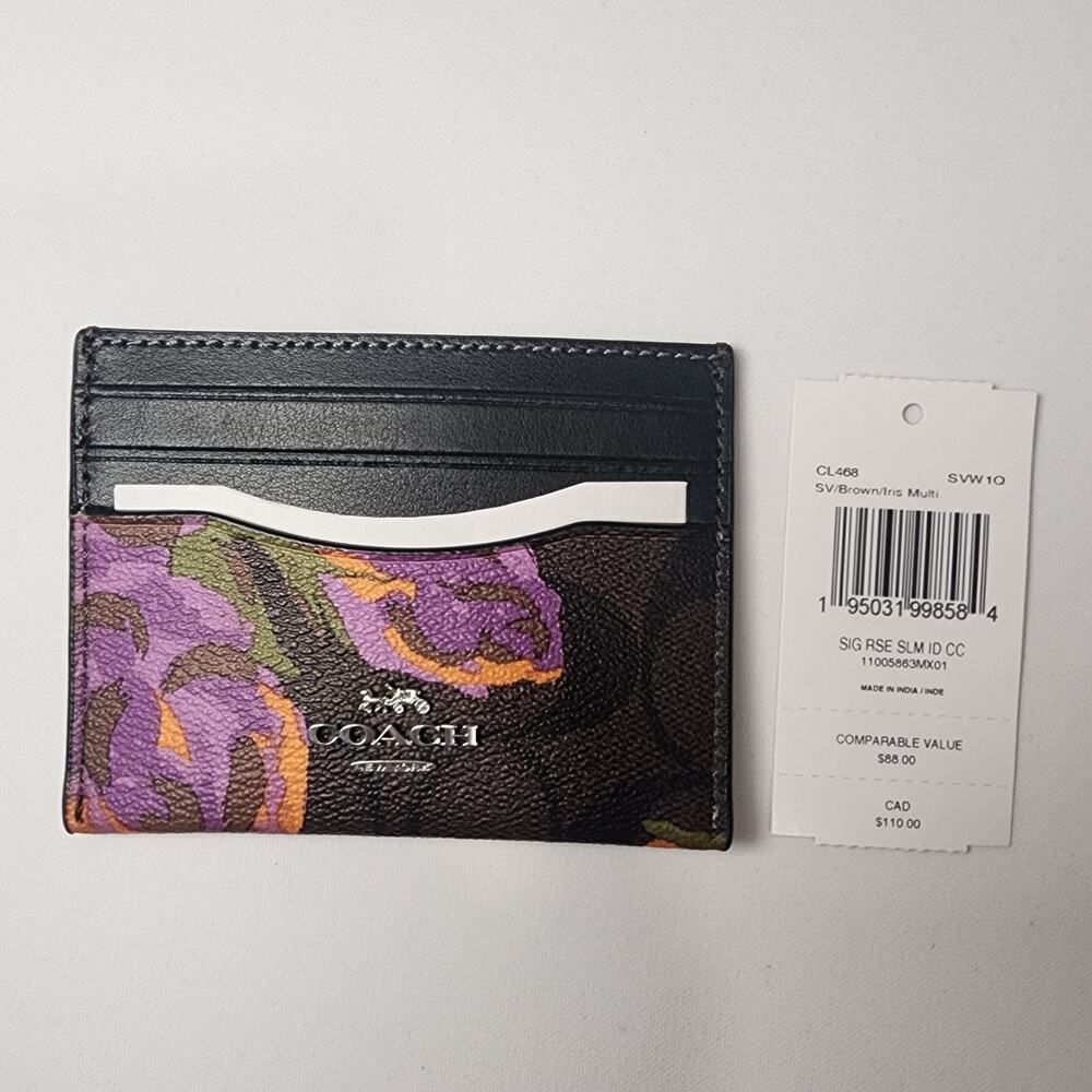 NWT COACH CL468 Slim ID Card Case Signature Canvas Rose Iris Multi v2